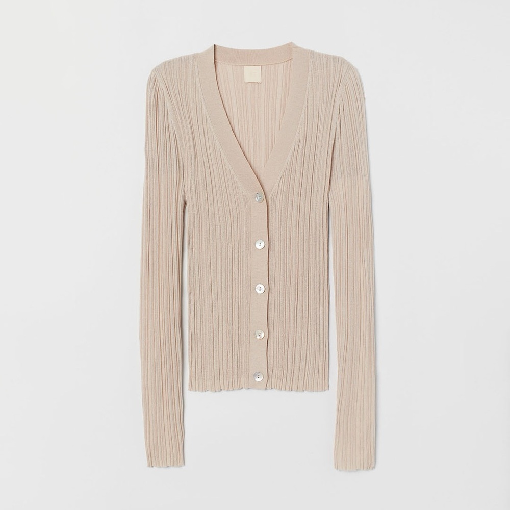 H&M Textured-knit top Beige Elegant Fitted Rib Knit Sweater